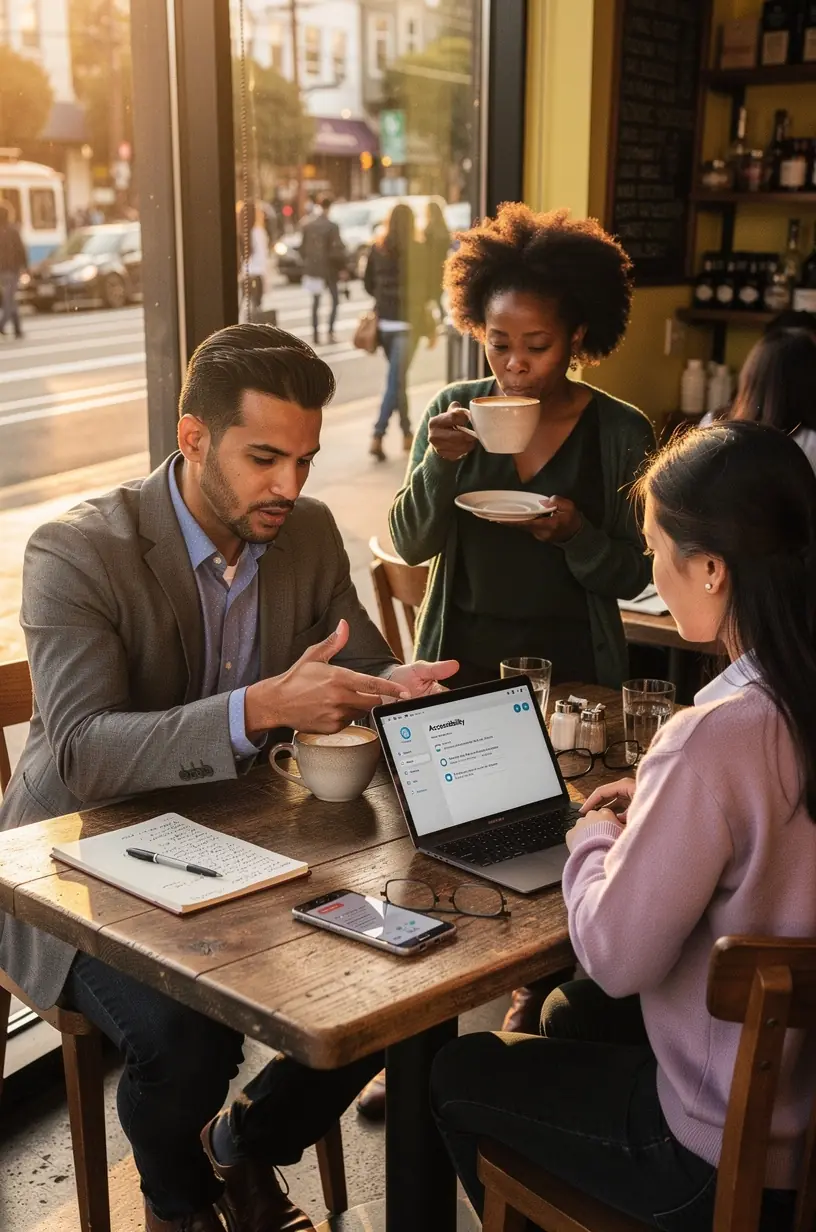 Close-up of a person using a laptop with screen reader software navigating a website interface.